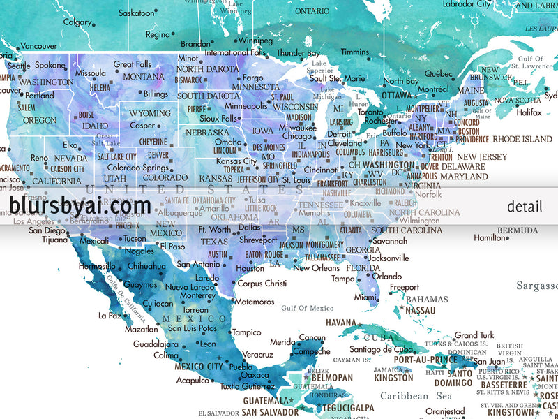 Art print on paper: personalized world map with state capitals, cities and countries in aquamarine and blue watercolor. "Caribbean waters"