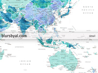 Art print on paper: personalized world map with state capitals, cities and countries in aquamarine and blue watercolor. "Caribbean waters"