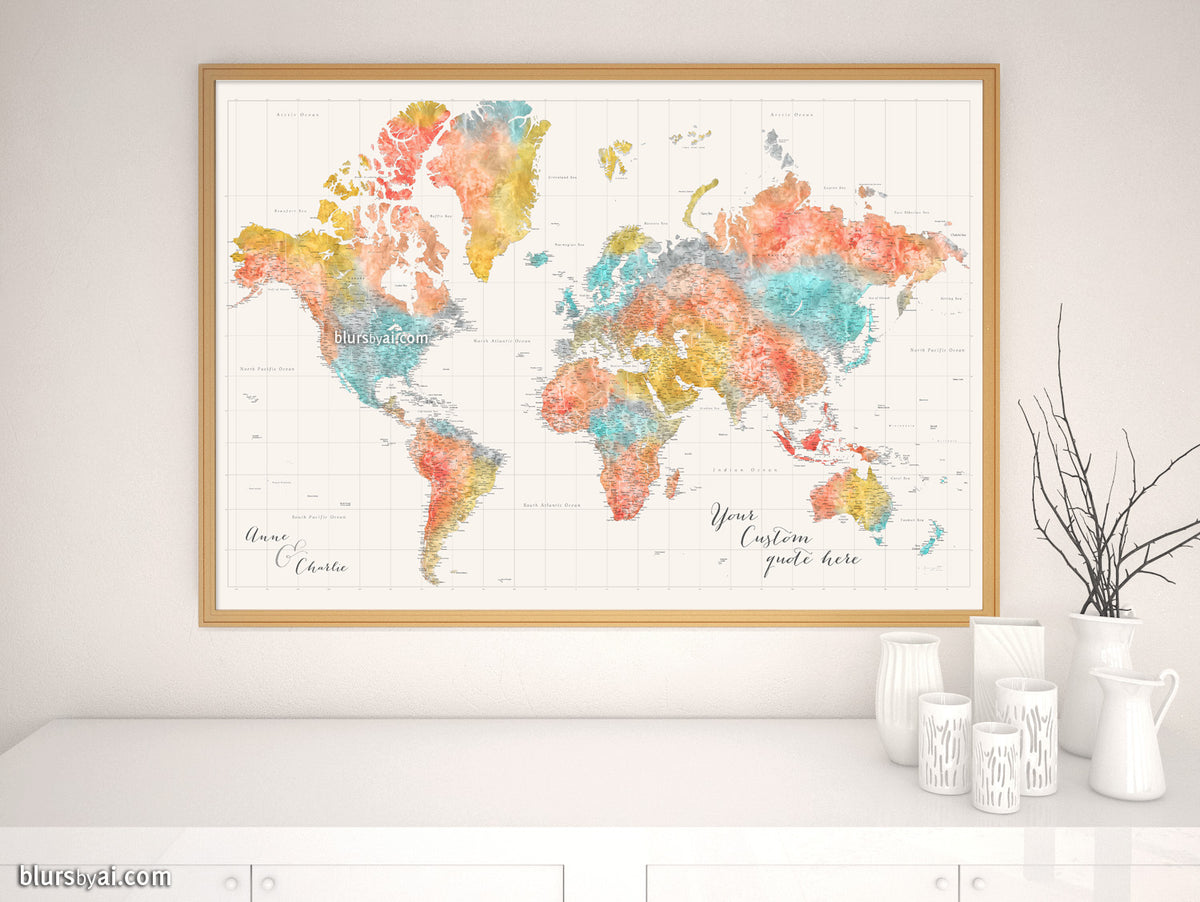 Custom world map print - highly detailed map with cities in modern watercolor style. "Fifi"