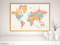 Custom world map print - highly detailed map with cities in modern watercolor style. "Fifi"