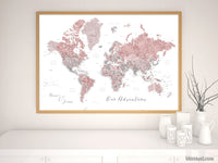 Art print on paper: custom world map with state capitals, cities and countries in dusty pink and grey watercolor "Piper"