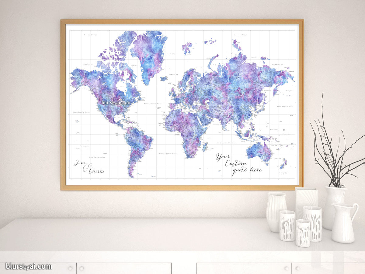 Custom world map print - highly detailed map with cities in light blue and purple watercolor. "Raul"