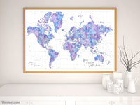 Custom world map print - highly detailed map with cities in light blue and purple watercolor. "Raul"