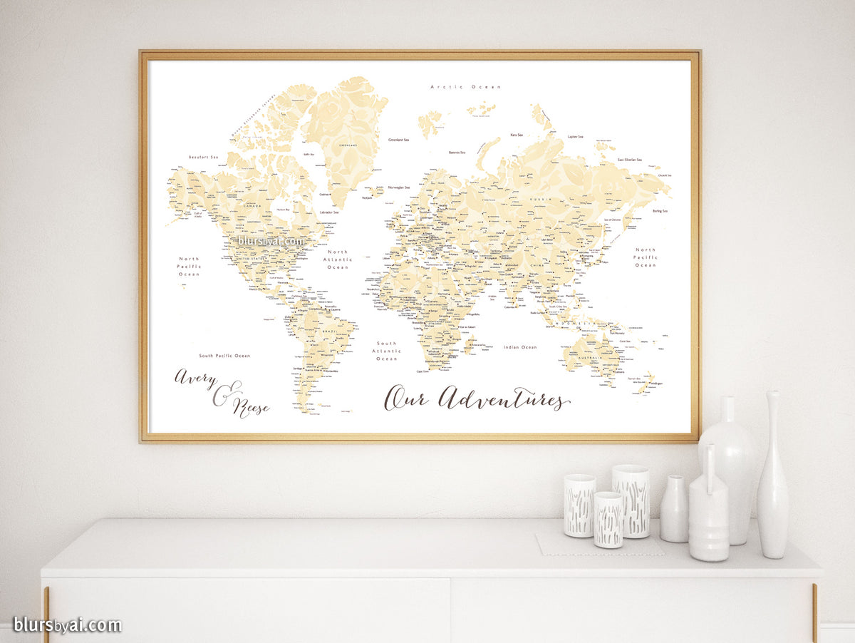 Art print on paper: custom world map with cities in elegant floral pattern. "Remy"