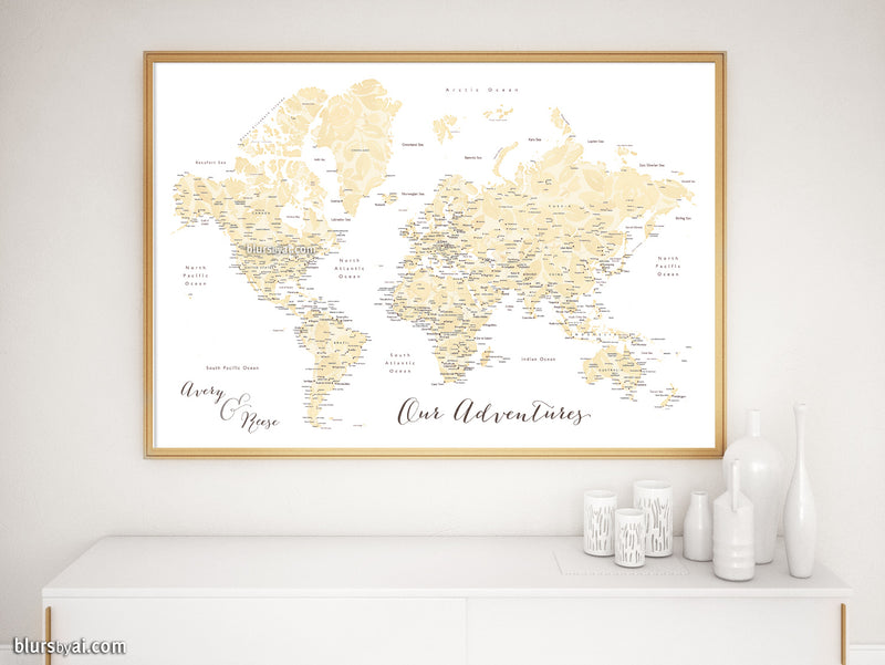 Art print on paper: custom world map with cities in elegant floral pattern. "Remy"