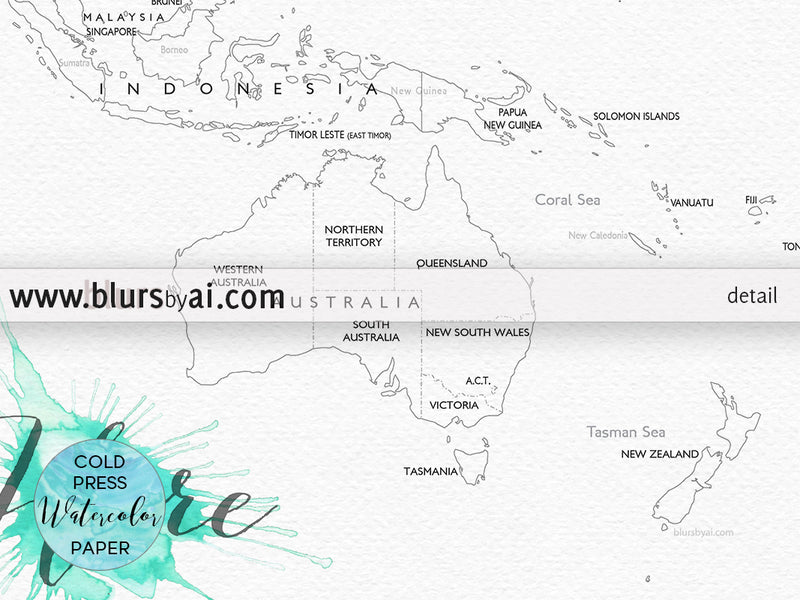 Custom blank world map with countries and states, printed on watercolor paper for coloring with watercolors