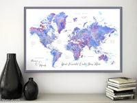 Custom print: detailed world map with cities in blue and pink. "Zora"