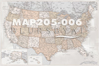 Custom map print: highly detailed map of the US with cities. ALL COLOR CHOICES.