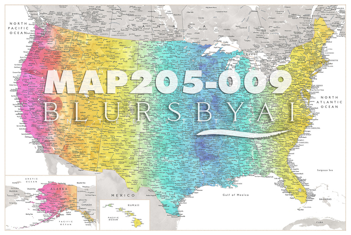 Custom map print: highly detailed map of the US with cities. ALL COLOR CHOICES.