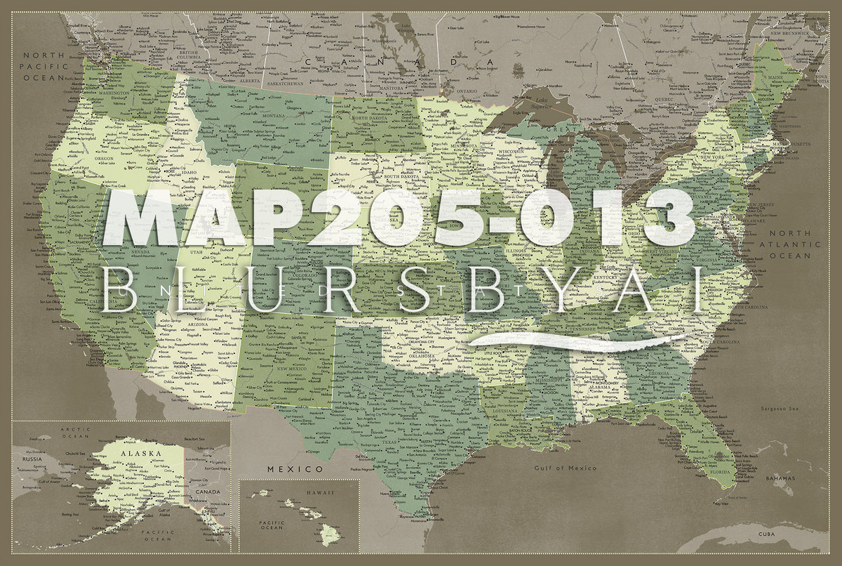 Custom map print: highly detailed map of the US with cities. ALL COLOR CHOICES.