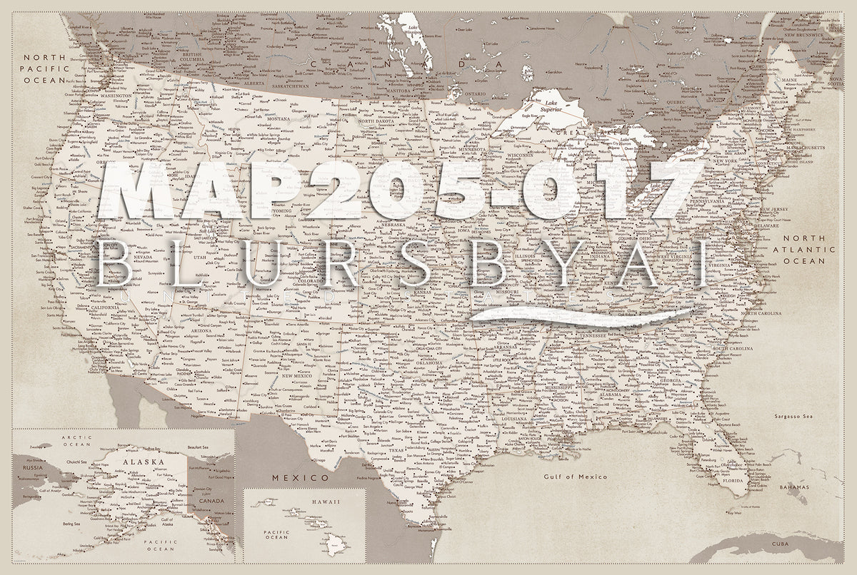 Custom map print: highly detailed map of the US with cities. ALL COLOR CHOICES.