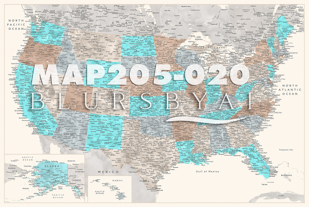 Custom map print: highly detailed map of the US with cities. ALL COLOR CHOICES.