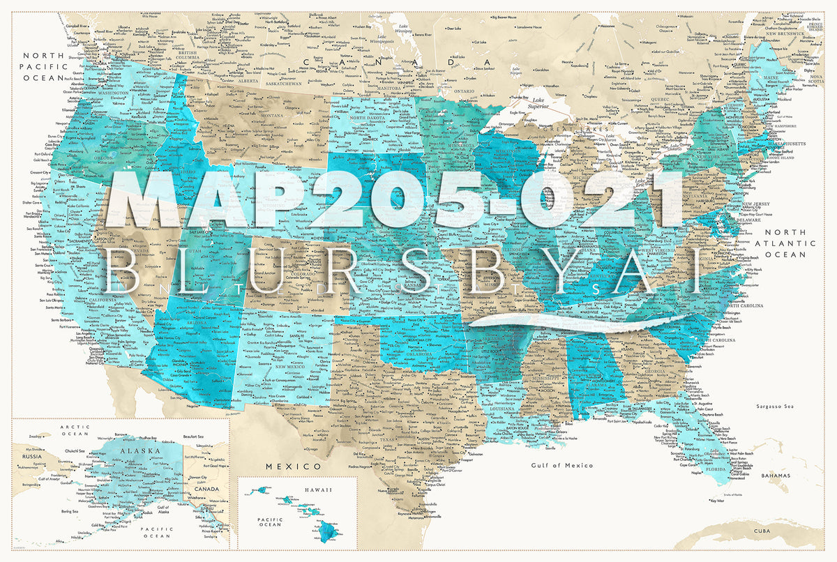 Custom map print: highly detailed map of the US with cities. ALL COLOR CHOICES.