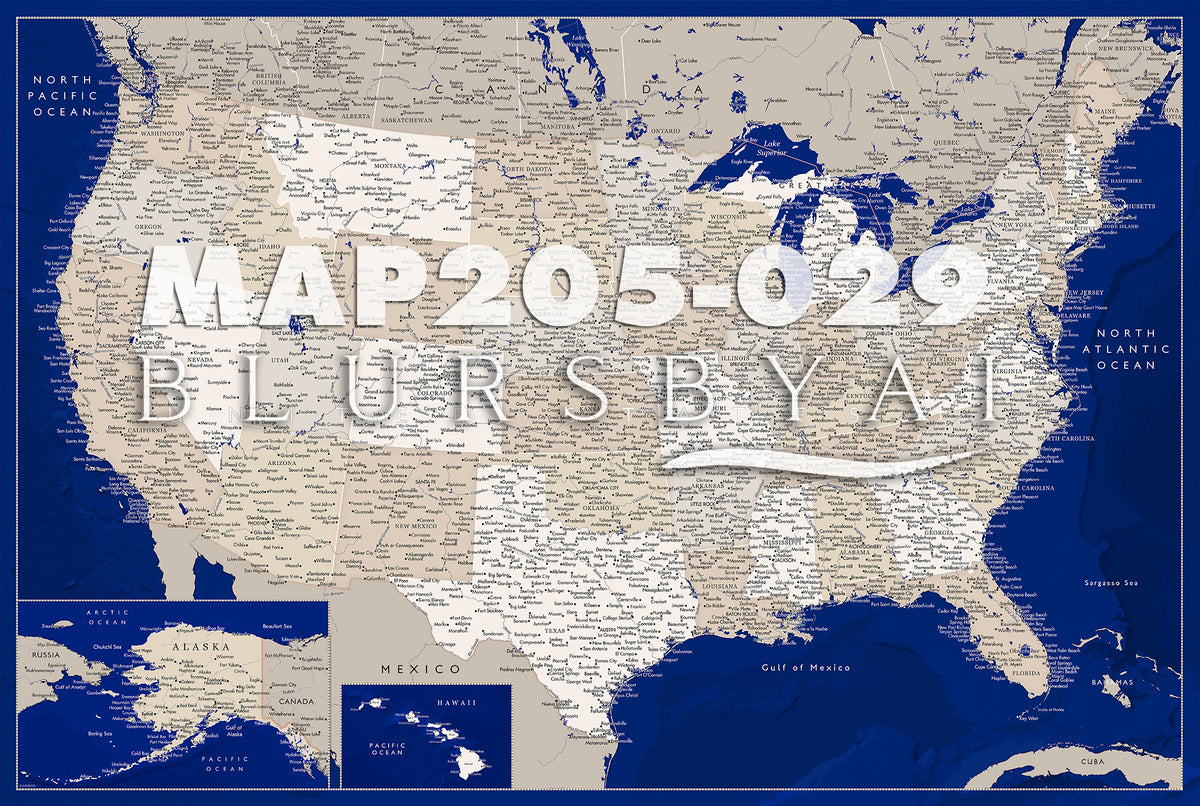 Custom map print: highly detailed map of the US with cities. ALL COLOR CHOICES.