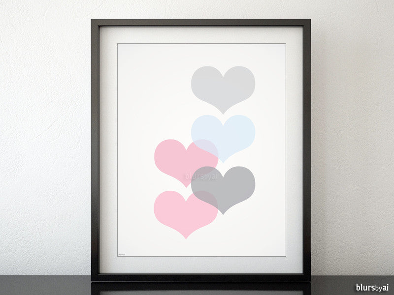Mid century modern printable art featuring pink and blue pastel hearts - Personal use