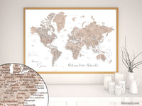 Art print on paper: custom world map with state capitals, cities and countries in neutral watercolor. "Abey"