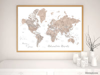 Art print on paper: custom world map with state capitals, cities and countries in neutral watercolor. "Abey"