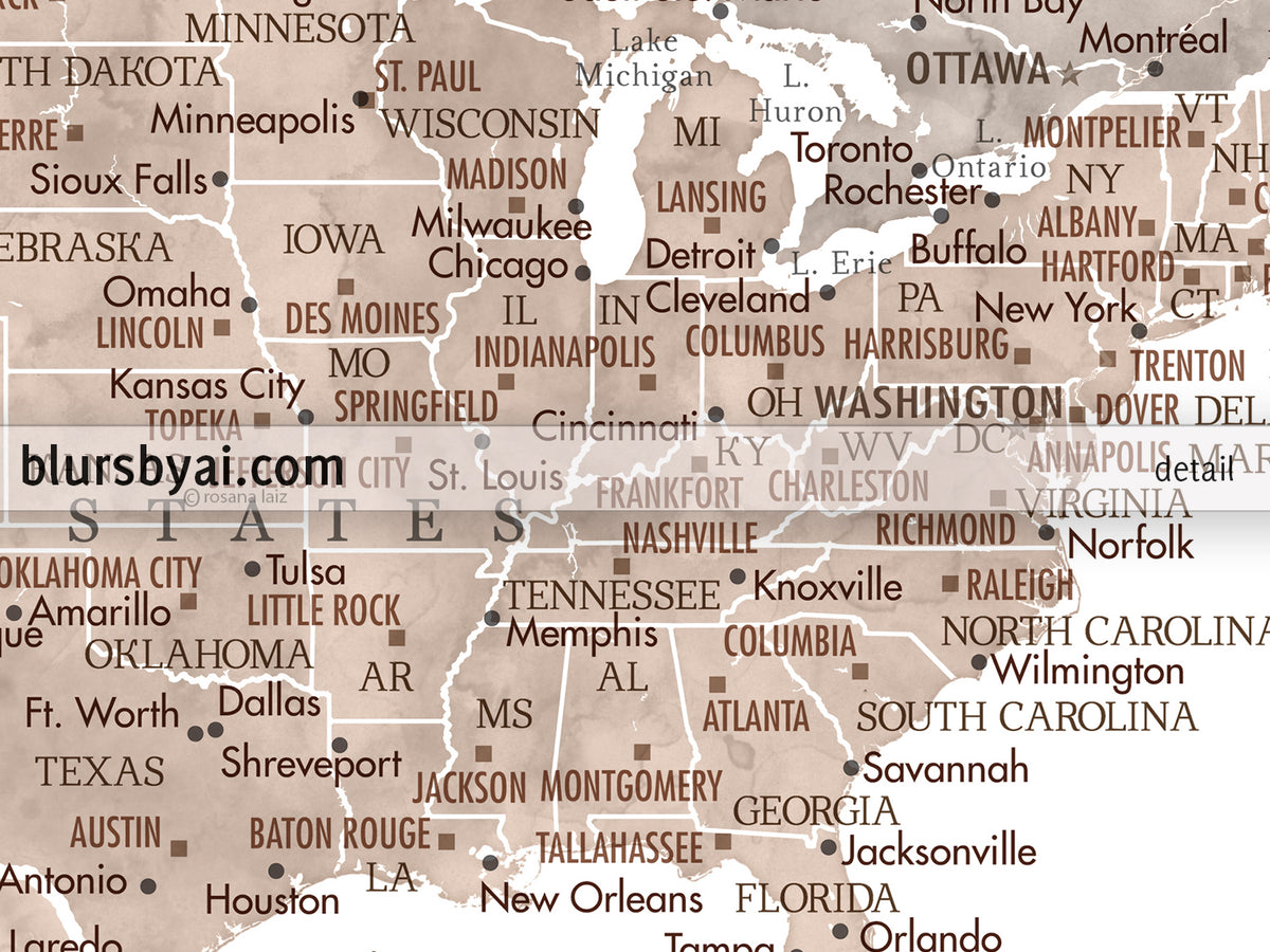Art print on paper: custom world map with state capitals, cities and countries in neutral watercolor. "Abey"
