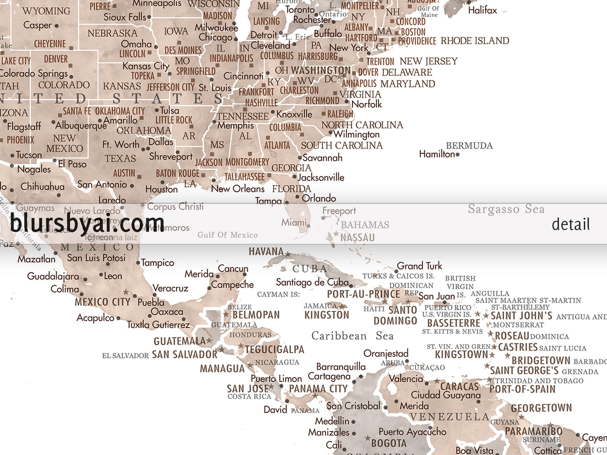 Art print on paper: custom world map with state capitals, cities and countries in neutral watercolor. "Abey"