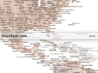 Art print on paper: custom world map with state capitals, cities and countries in neutral watercolor. "Abey"