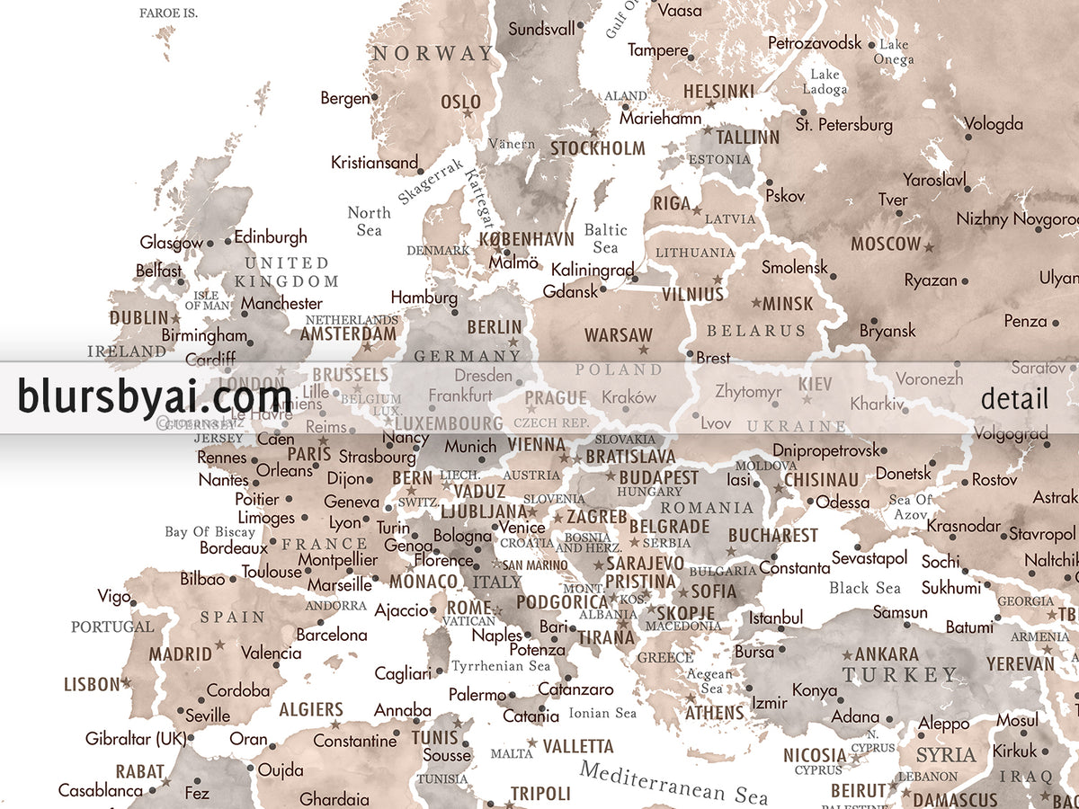 Art print on paper: custom world map with state capitals, cities and countries in neutral watercolor. "Abey"
