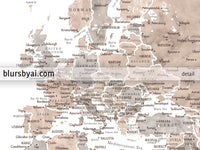 Art print on paper: custom world map with state capitals, cities and countries in neutral watercolor. "Abey"