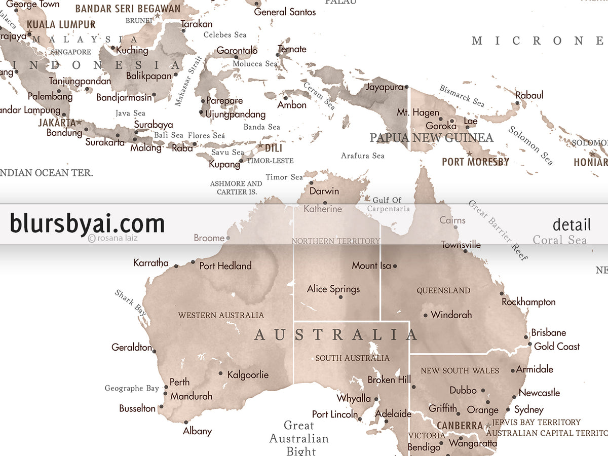 Art print on paper: custom world map with state capitals, cities and countries in neutral watercolor. "Abey"