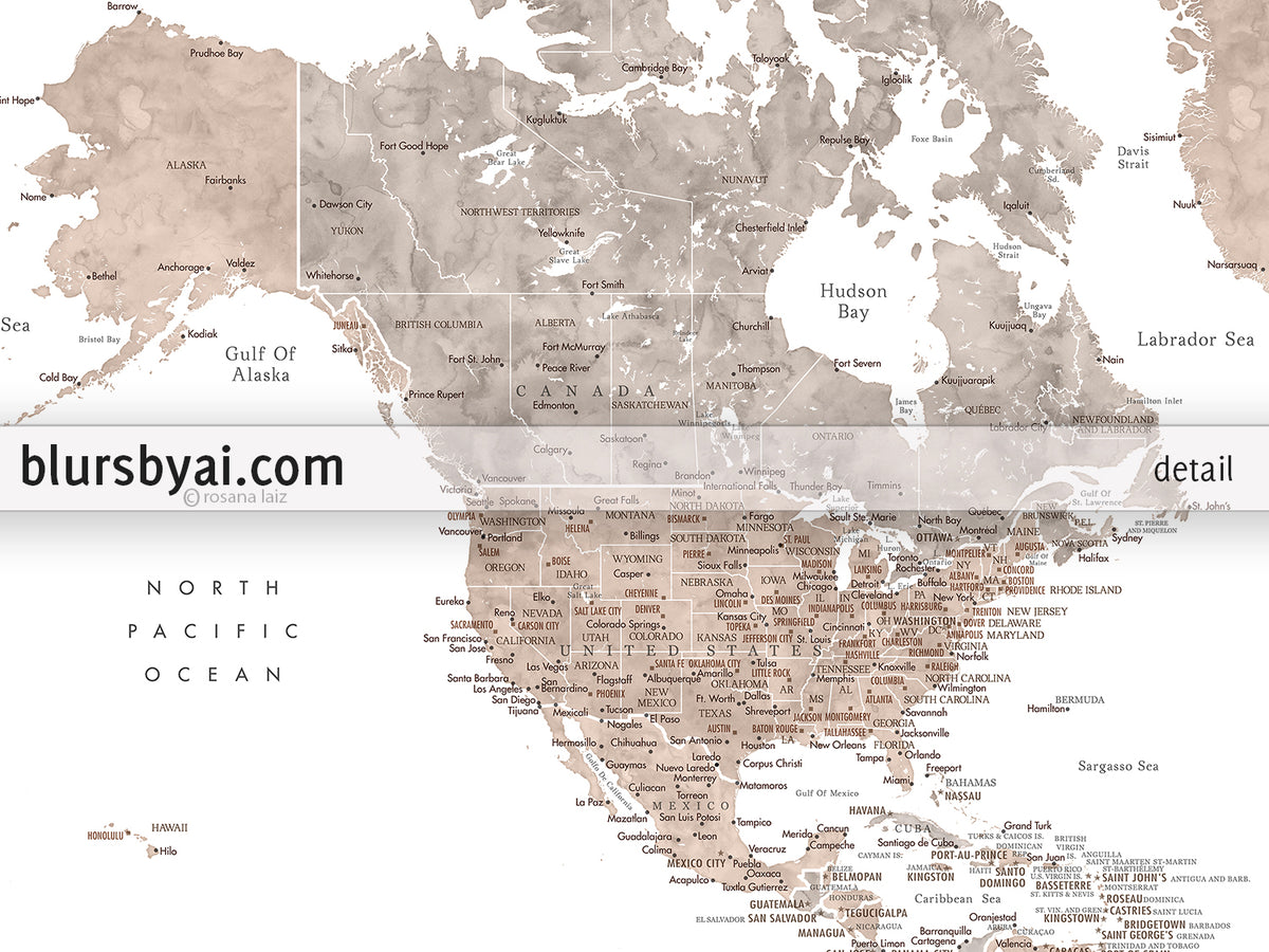 Art print on paper: custom world map with state capitals, cities and countries in neutral watercolor. "Abey"