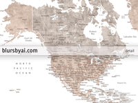 Art print on paper: custom world map with state capitals, cities and countries in neutral watercolor. "Abey"