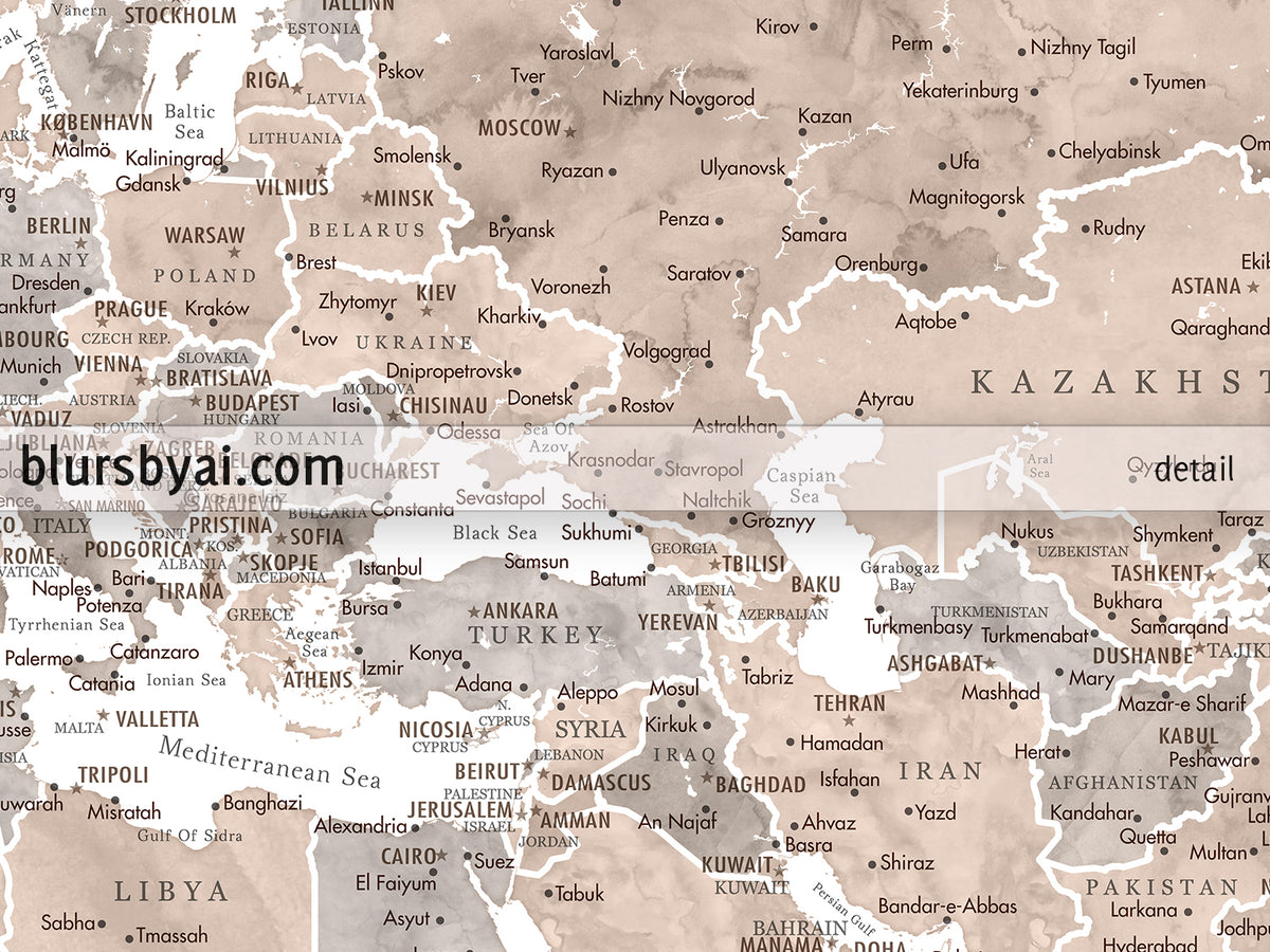 Art print on paper: custom world map with state capitals, cities and countries in neutral watercolor. "Abey"