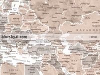 Art print on paper: custom world map with state capitals, cities and countries in neutral watercolor. "Abey"