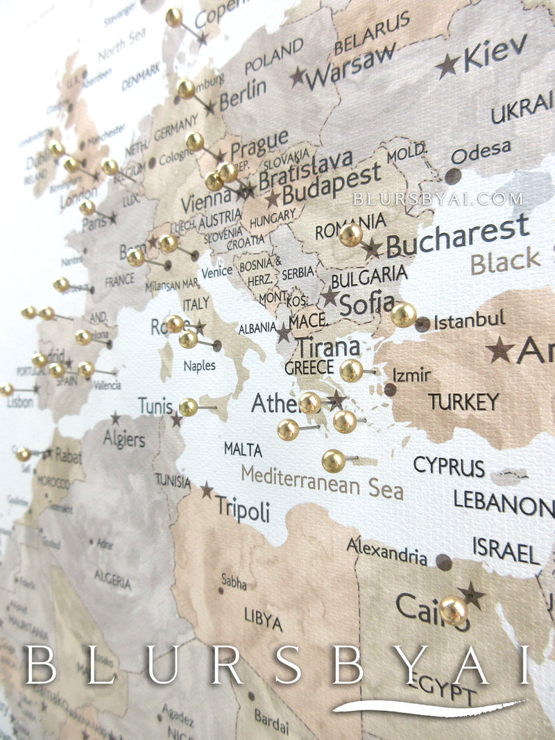 Custom watercolor world map with cities, canvas print or push pin map in neutrals. "Abey"