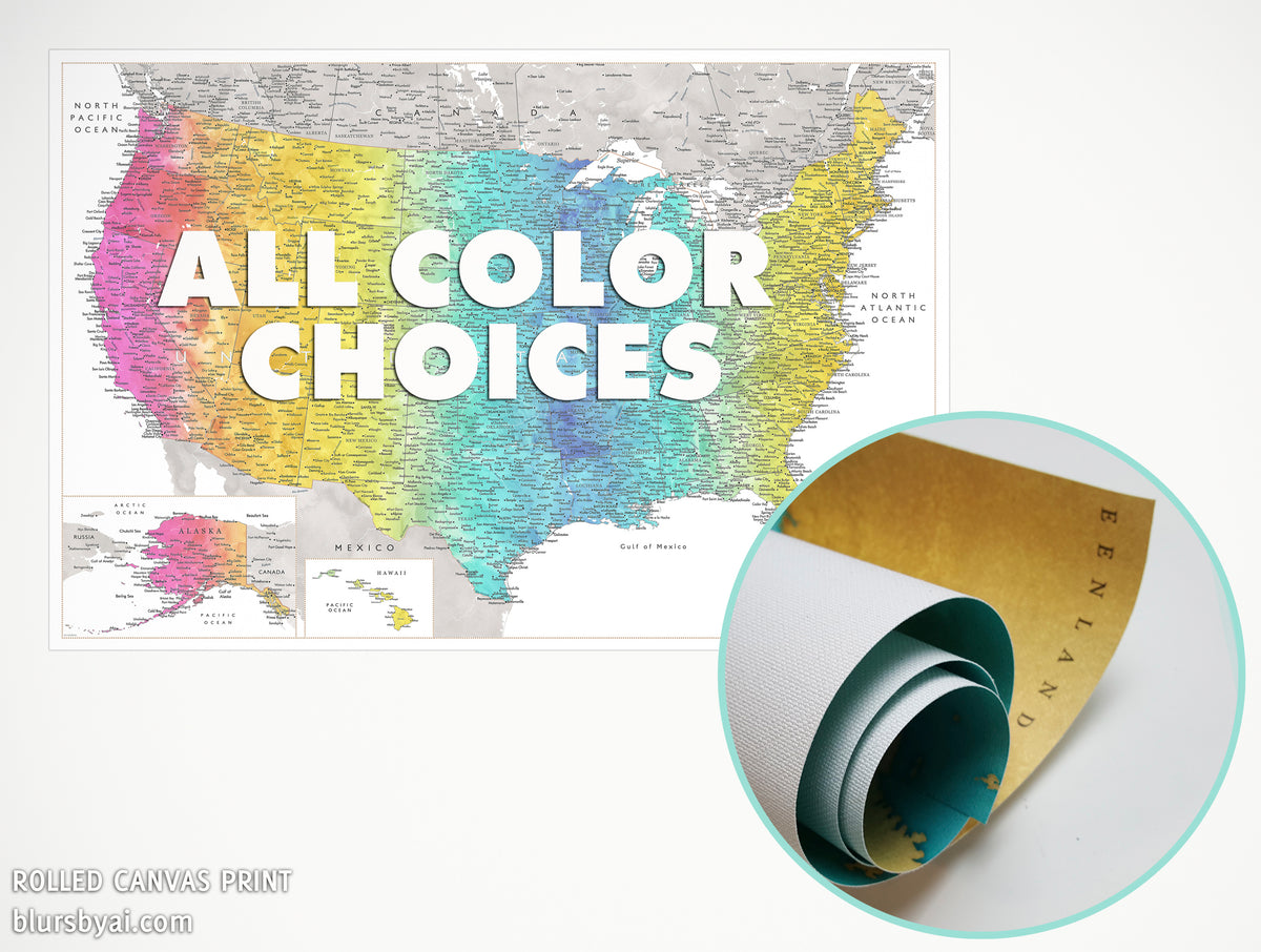 Custom US map rolled canvas print. ALL COLOR CHOICES.