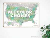 Custom map print: highly detailed map of the US with cities. ALL COLOR CHOICES.