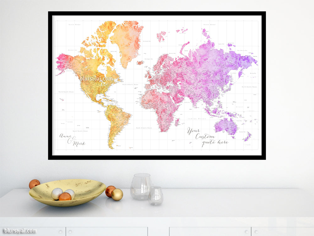 Custom world map print - highly detailed map with cities in bright colorful watercolor. "Edna"