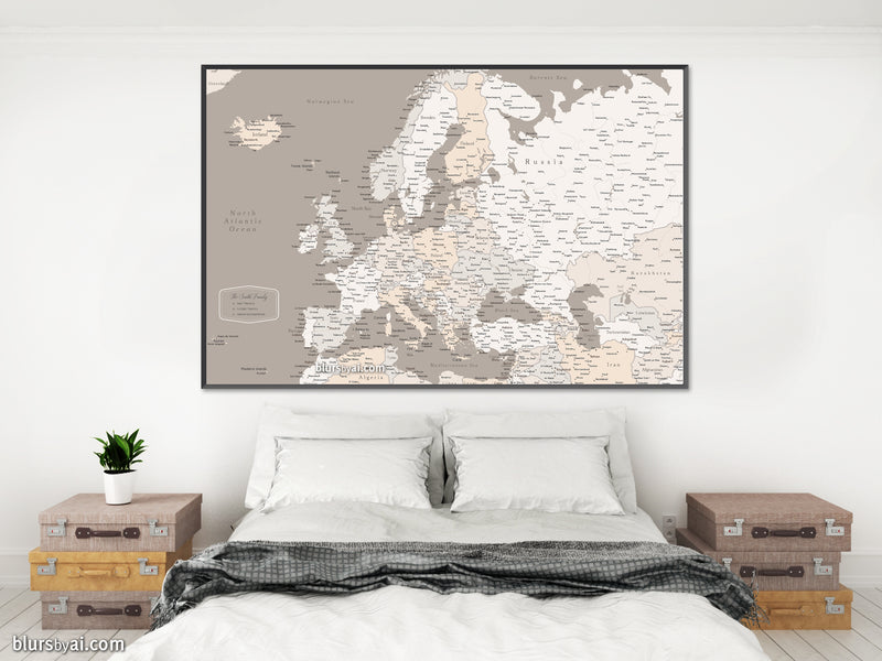 Custom map print: map of Europe with countries and cities in light earth tones