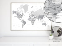 Custom world map print - highly detailed map with cities light gray. "In the city"