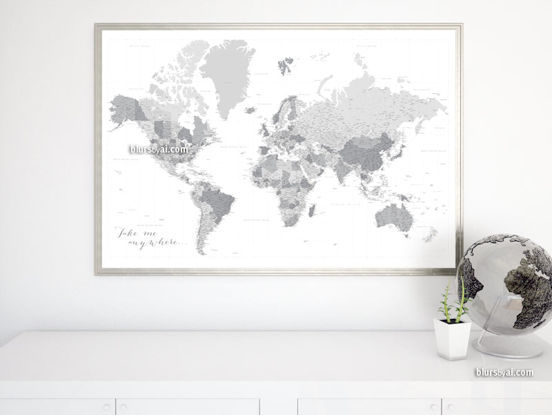 Custom world map print - highly detailed map with cities light gray. "In the city"