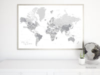 Custom world map print - highly detailed map with cities light gray. "In the city"