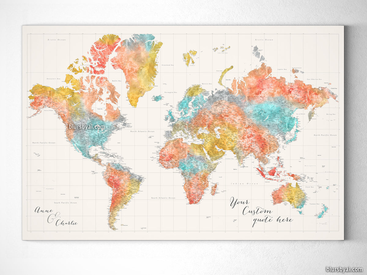 Custom large & highly detailed world map canvas print or push pin map in modern watercolors. "Fifi"