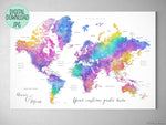 Custom quote printable world map with cities in bright colorful watercolor. Color combination: "Syris"