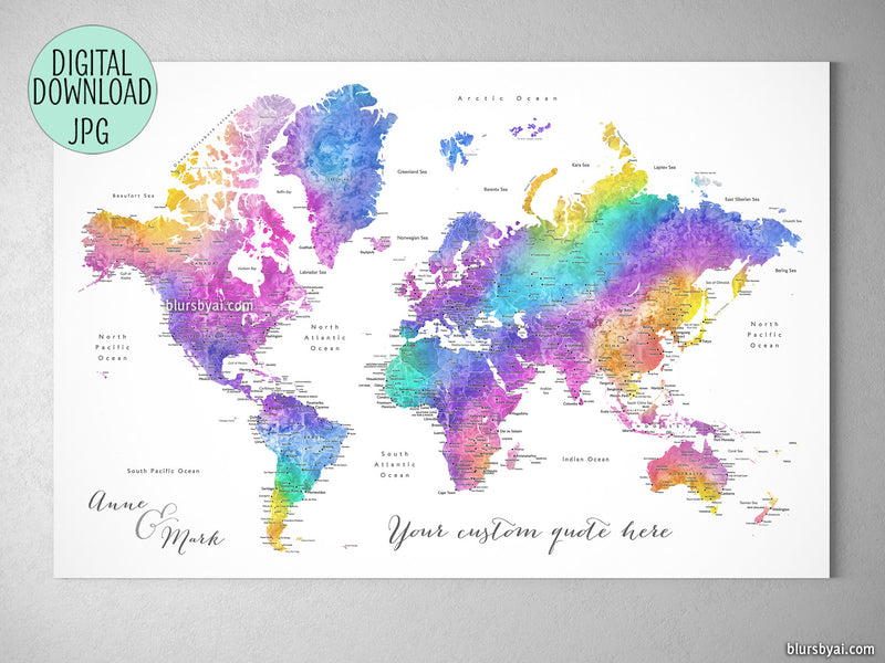 Custom quote printable world map with cities in bright colorful watercolor. Color combination: "Syris"