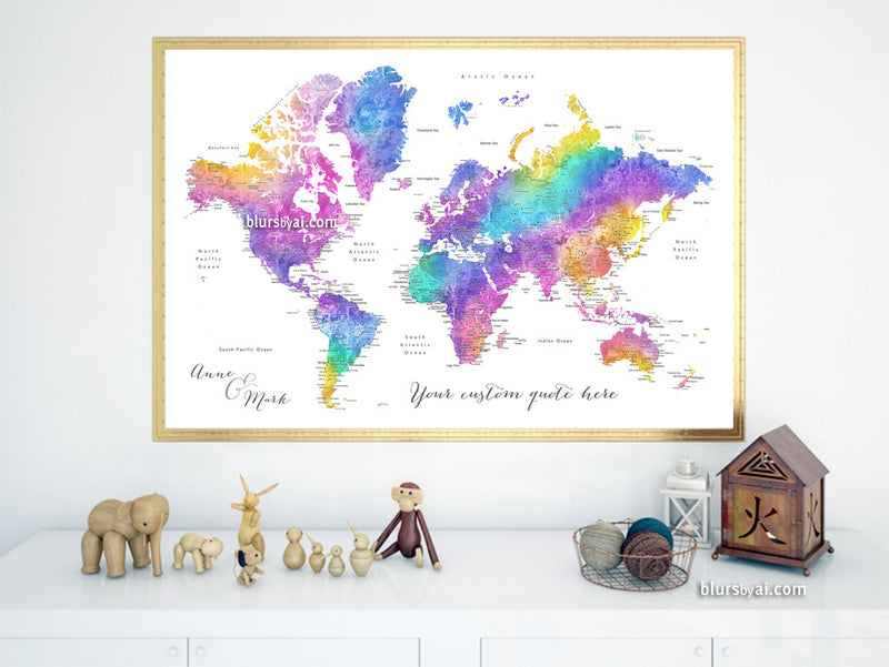 Custom print: watercolor world map with cities in bright and fun colors. "Syris"