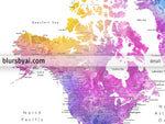 Custom quote printable world map with cities in bright colorful watercolor. Color combination: "Syris"