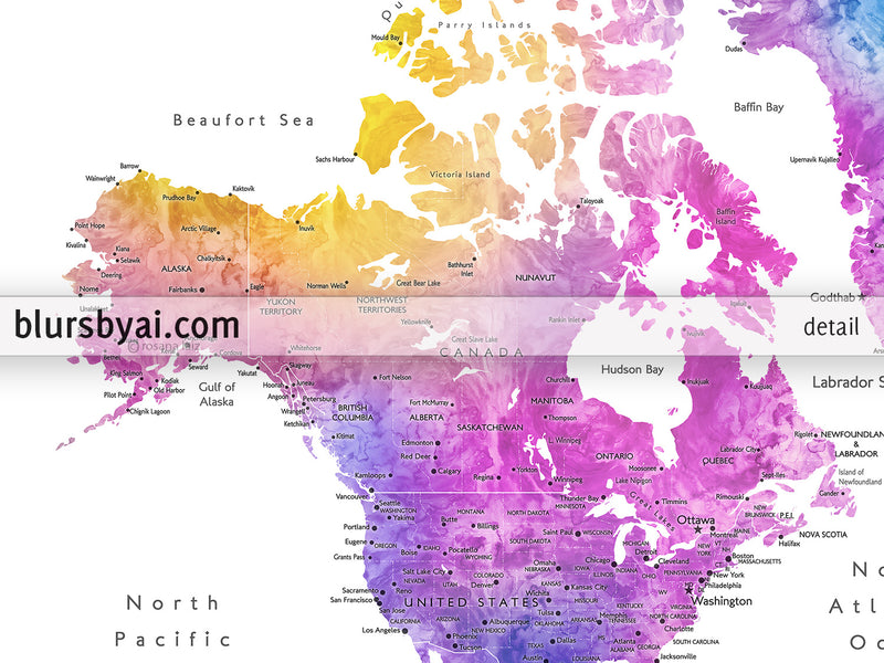 Custom print: watercolor world map with cities in bright and fun colors. "Syris"