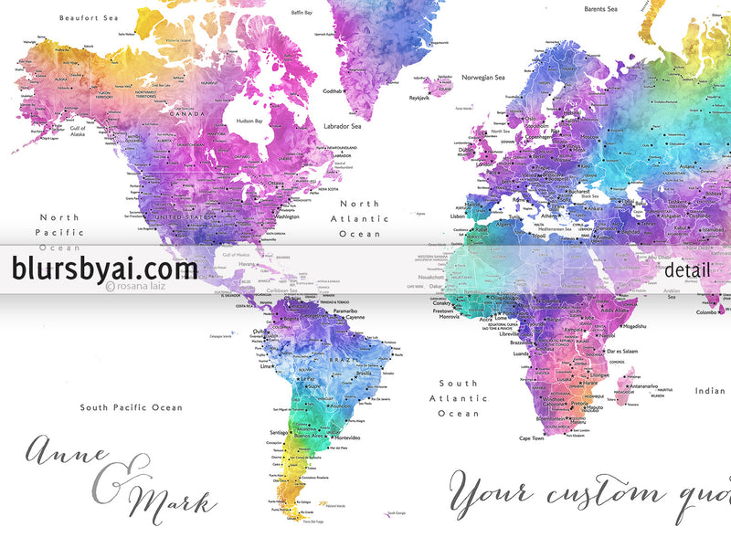 Custom print: watercolor world map with cities in bright and fun colors. "Syris"