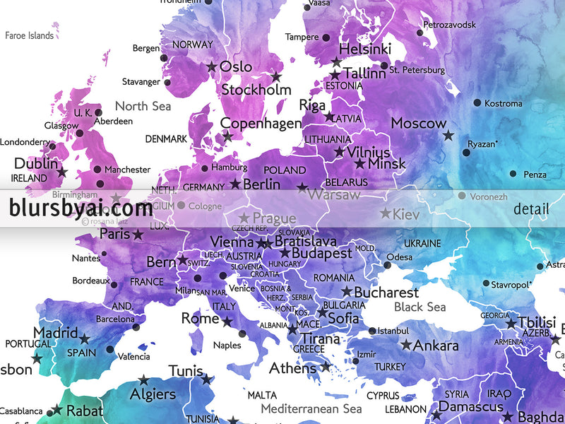 Custom print: watercolor world map with cities in bright and fun colors. "Syris"