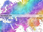 Custom quote printable world map with cities in bright colorful watercolor. Color combination: "Syris"