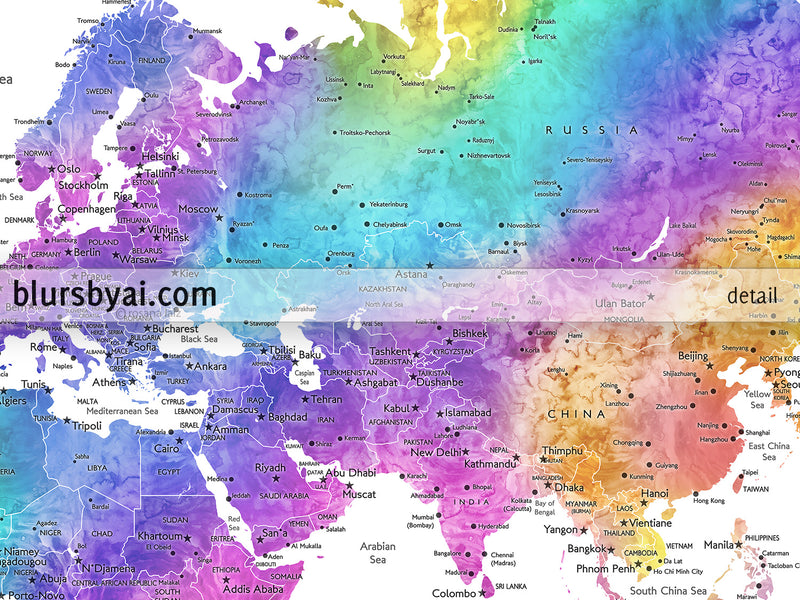 Custom quote printable world map with cities in bright colorful watercolor. Color combination: "Syris"
