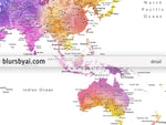 Custom quote printable world map with cities in bright colorful watercolor. Color combination: "Syris"